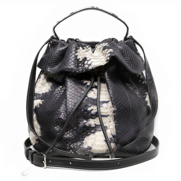 LUXURY Silvano Bagini Python Leather Drawstring Bucket Bag Handbag Black White - Picture 1 of 16